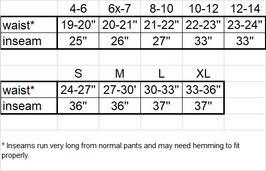 size chart pants mens
